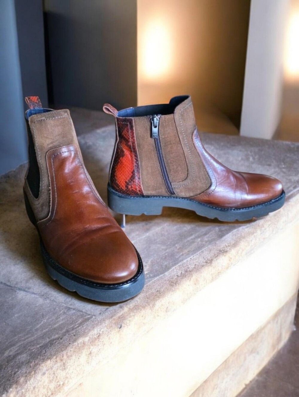 DORKING XINIA (8.5 - 9 ) D8377 Cognac/Red Print Heal Chelsea Boot by Fluchos